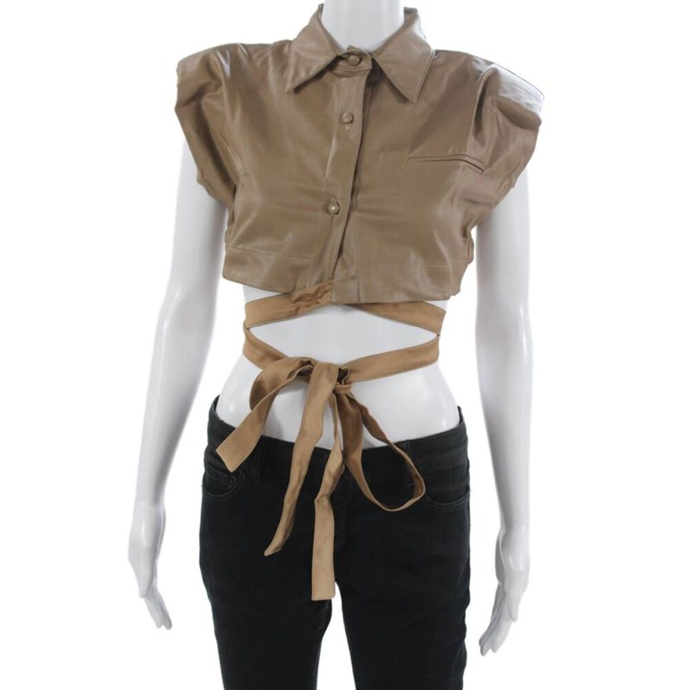 Nonchalant Label Womens Cropped Sleeveless Collared Button-Up Beige Top Size S